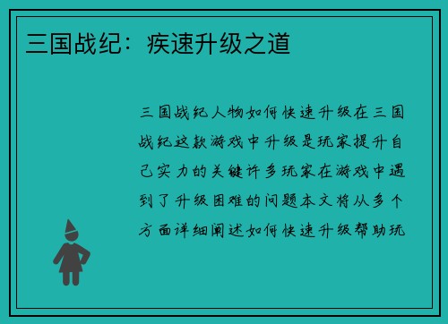 三国战纪：疾速升级之道